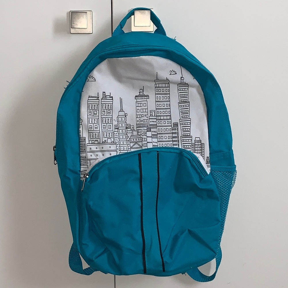 3/$50 Cyan Backpack with City Design - Picture 1 of 5